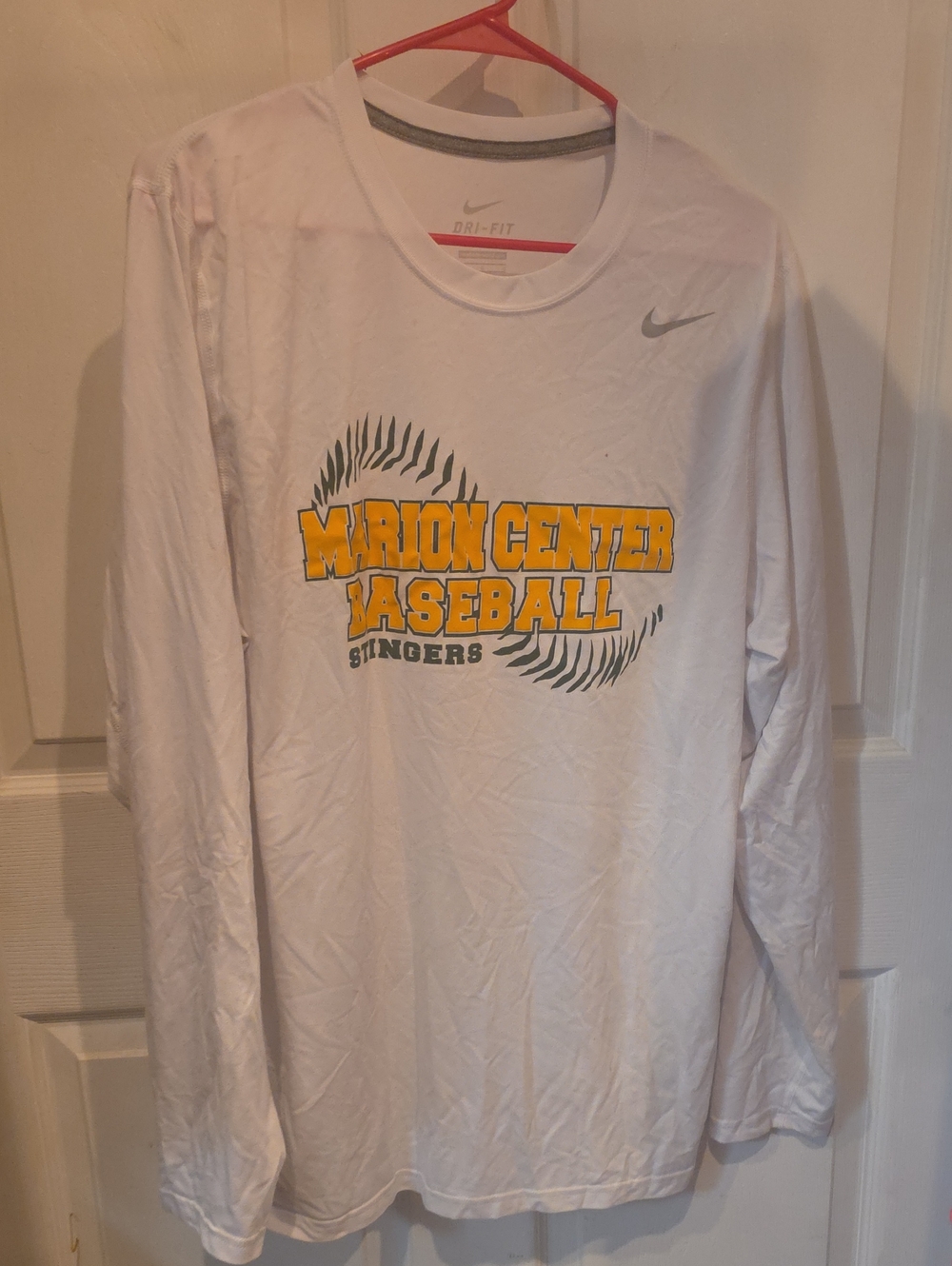 Nike White Long-Sleeve Marion Center Baseball Tee with Yellow Graphic